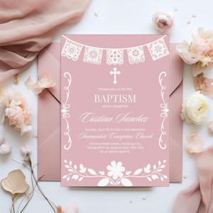 Pink Baptism Invitation Cielito Lindo Card Mexican Talavera Theme Religous Custom Spanish Bautizo Party Papel Picado Editable Canva Template