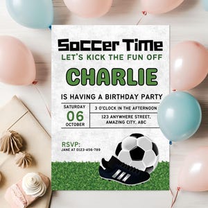 Verjaardagsuitnodigingskaart voetbal, bewerkbaar canva-bestand digitale sjabloon, afdrukbare Bday Evite gepersonaliseerd sportspel thema voetbalfeest