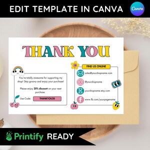 May include: A colorful thank you card with a rainbow, cherries, and a flower design. The card says "Thank You" in large letters and includes a message thanking customers for their support and offering a 20% discount with the code THANKYOU20. The card also includes contact information for the shop, including their email, Instagram, Etsy, and Facebook pages.