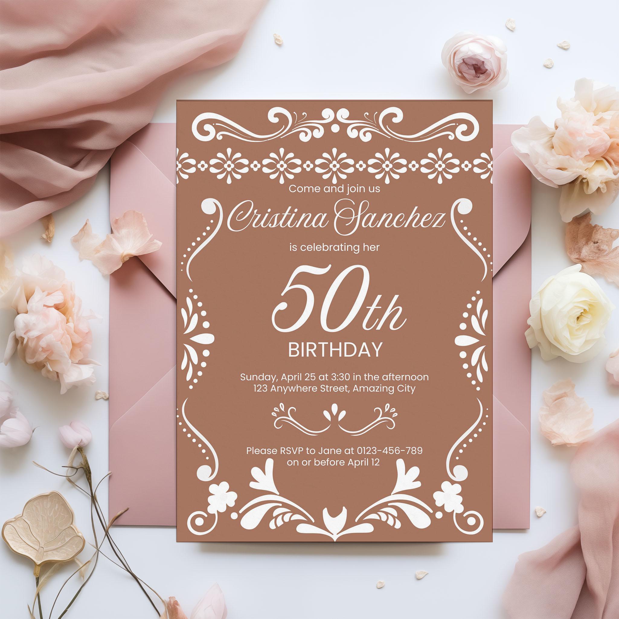 Terracotta Cielito Lindo Digital 50th Birthday Party Invitation Editable Canva Template, Papel Picado Mobile Invite Mexican Talavera Theme
