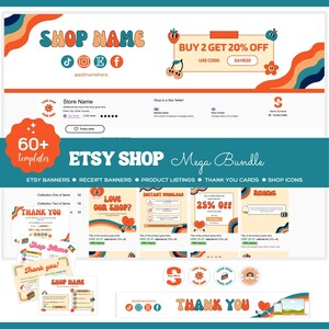 Retro Etsy Shop Theme Branding Kit Template, 60+ Custom Templates, Rainbow Retro Canva Banners, Order Receipt, Etsy Store Mockup Layout