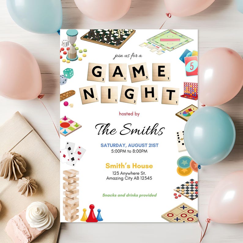 May include: A game night invitation with various game illustrations, including chess, dice, and cards. The invitation features the text "GAME NIGHT" in Scrabble tiles and details about the event, such as the date, time, and location, surrounded by pink and blue balloons.