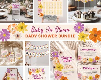 Floral Baby in Bloom Baby Shower Bundle Custom Wildflower Signs Editable Canva Template Garden Theme Party Invitation Set Decoration Package