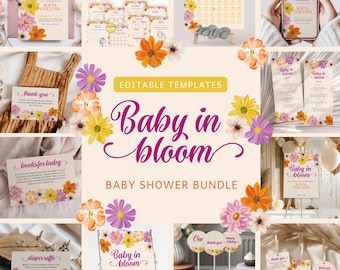 Floral Baby in Bloom Baby Shower Bundle Custom Wildflower Signs Editable Canva Template Garden Theme Party Invitation Set Decoration Package