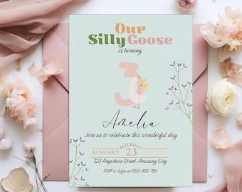 3rd Birthday Our Silly Goose Editable Birthday Invitation, Custom Baby Girl Flower Template, Printable Goose Third Birthday Party Invitation