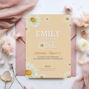 Bearbeitbare Gänseblümchen 1. bis 10. Geburtstagseinladung Blumenthema Wild One Invite Card Canva Template, Benutzerdefinierte Frühlingsblumen-Party druckbare Datei