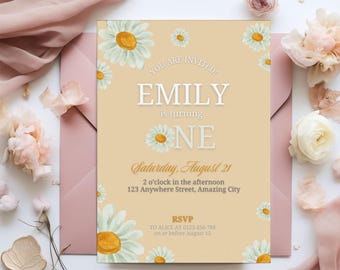 May include: A personalized invitation card with a daisy theme. The text reads "EMILY is turning ONE" with the date and time of the event. The card is light yellow with daisy illustrations and a pink envelope.