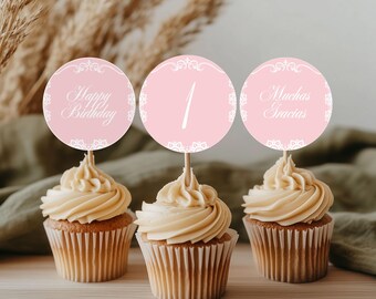 Pink Cielito Lindo Cupcake Toppers Mexican Talavera Theme First Birthday Decoration Editable Canva Template Papel Picado Printable File