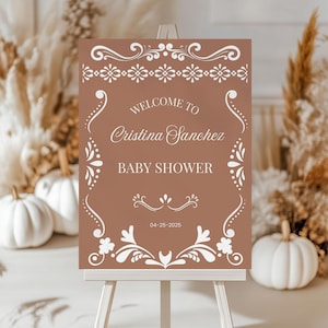 Mexican Cielito Lindo Talavera Theme Terracotta Baby Shower Welcome Sign Printable File Papel Picado Entrance Poster Editable Canva Template
