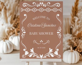 Mexican Cielito Lindo Talavera Theme Terracotta Baby Shower Welcome Sign Printable File Papel Picado Entrance Poster Editable Canva Template