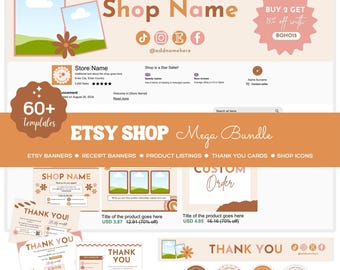 May include: A digital illustration of a set of 60+ Etsy shop templates in a boho style. The templates include banners, receipt banners, product listings, thank you cards, and shop icons. The templates feature a colour palette of brown, pink, and white with floral and geometric designs.