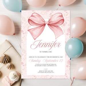 Pink Bow 1st Birthday Invitation Card Template, Personalized Coquette Editable Canva Digital Invite, One Year Old Baby Girl Printable Card