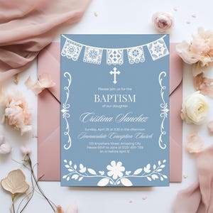 Invito per il Battesimo di Cielito Lindo, modello Canva personalizzato modificabile Talavera blu messicano, invito a una festa religiosa con croce spagnola