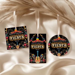 Ensemble d'étiquettes de faveur d'anniversaire de bébé Fiesta mexicaine, Papel Picado carte de remerciement fête mexicaine Fiesta Sorpresa Talavera modèle sur toile modifiable