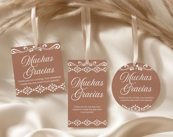 Cielito Lindo Rectangle Circle Square Favor Tags Set, Brown Papel Picado Editable Canva Template, Printable Talavera Mexican Thank You Card