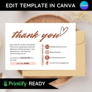 May include: A white thank you card with a brown heart and the text "thank you". The card includes a discount code, "SAVE20", and contact information for a shop, including email, Instagram, Etsy, and Facebook.
