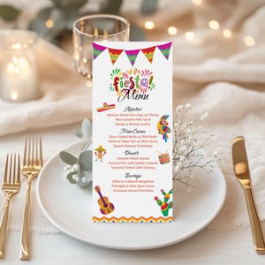 Article de menu sur le thème hispanique du Mexique, liste de sélection des aliments à manger pour invités Fiesta anniversaire imprimable, modèle de toile de décoration de table modifiable