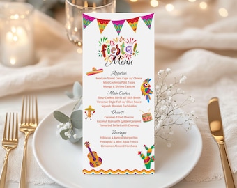 Hispanic Mexican Theme Menu Item, Printable Birthday Fiesta Guest Dining Food Selection List, Editable Table Decoration Canva Template