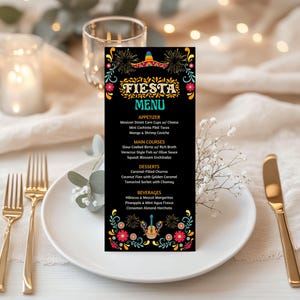 Mexikanische Fiesta Erster Geburtstag Essen Menü Element Bearbeitbar Canva Vorlage, Talavera Thema Benutzerdefinierte Dekorationen, Papel Picado Essen Abendmenü