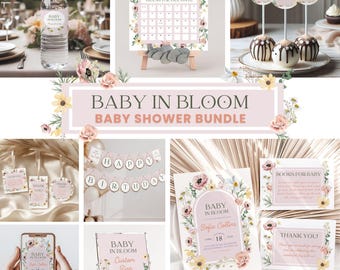 Personalized Baby in Bloom Baby Shower Bundle Editable Wildflowers Themed Pink Party Decor Boho Set Floral Invitation Package Canva Template