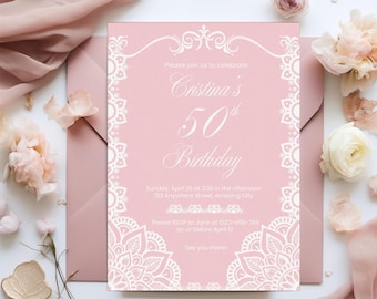 Mexican Cielito Lindo Electronic 50th Birthday Party Invitation, Pink Talavera Theme Editable Canva Template Papel Picado Digital Invite