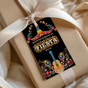 Étiquette de faveur Rectangle anniversaire bébé Fiesta mexicaine, Papel Picado fête mexicaine carte de remerciement Fiesta Sorpresa Talavera modèle toile modifiable