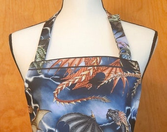 Dragon Print Chef Apron with Pockets, Gift for Him, Gift for Her, Artist Crafter, Baker Cook