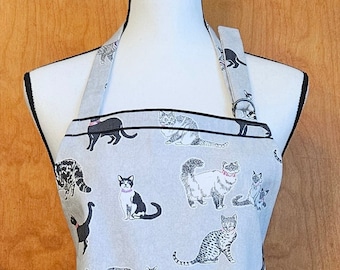 Cat Print Chef Style Apron with Pockets, Artist Crafter, Baking Cooking, Cat Lover