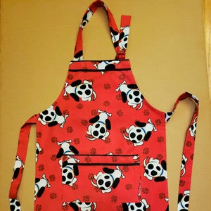 Dog Print Kids Apron: Red Cotton Play Apron with Pockets