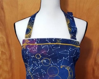 Celestrial Constellation Apron with Pockets, Astronomy Apron, Star Moon Sun Apron, Mens Womans BBQ apron, Artist Crafter, Science Teacher