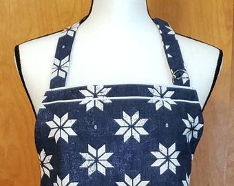 Snowflakes on Denim Apron with Pockets, Minimalist Winter Design, Artist or Crafter Cover-Up, Baker or Cook Chef Style