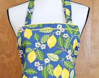 Lemon Print Apron with Pockets: Retro Chef Style, Adjustable Neck