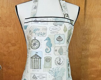 Beach Print Chef Apron: Nautical Cotton Baking Apron with Pockets