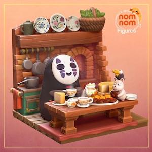 May include: A No Face character from the movie Spirited Away sits at a table with a small white mouse character. The table is set with teacups, a teapot, and a plate of cookies. The scene is set in a miniature kitchen with a brick fireplace and a wooden countertop.