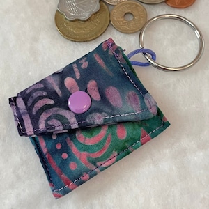 Adorable little Hand made, dark blue and purple Batik fabric quarter keeper keychain/coin purse.