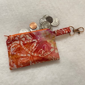 Handmade, Orange, Red and Yellow Flowers Batik fabric zippered coin purse. Card Holder/Wallet with a lobster clasp.