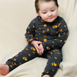 Mushrooms on Grey, Cotton Interlock Knit, One Piece Romper, Zippered Onesie/Body Suit, Preemie to 3T