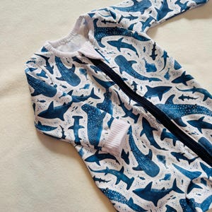 Reserverved,  Whaleshark, Whale and Stingray, Cotton Knit, One Piece Romper, Zippered Onesie, short legs and short sleeves.