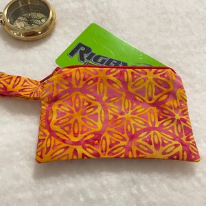 Handmade, Bright Pink and Orange Batik fabric zippered coin purse. Card Holder/Wallet with a lobster clasp.