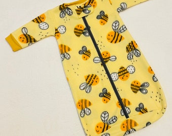 Happy Little Bumble Bees! Cozy Baby Sack, Fleece Bee Print, Sleeping Bag, Baby/Toddler, 0-3 Months to 4T Sizes, Zippered, Customizable