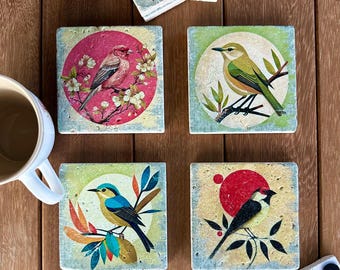 Travertine Bird Coaster Set, Absorbent Stone Drink Coasters