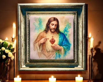 Może przedstawiać: Oprawione dzieło sztuki religijnej przedstawiające Jezusa z czerwonym sercem, oprawione w postarzaną ramę w kolorze turkusowym i złotym. Obraz otoczony jest zapalonymi świecami i kompozycją kwiatową, tworząc spokojną atmosferę.