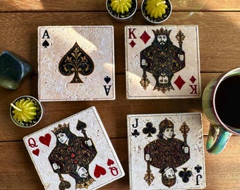 Playing Card Coasters Set Natural Travertine Stone Christmas Gift Xmas Decor
