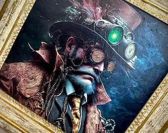 Steampunk Man Portrait Painting on Natural Limestone, Vintage Tech Fantasy Decor