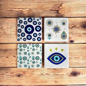Set of 4 Stone Coaster  Evil Eye Coaster Drink Coasters with Turkish Nazar Design Unique Home Decor Spiritual Gift housewarming gift