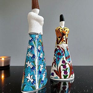 Luxury Traditional Ceramic Whirling Dervish Figurines Hand Painted Turkish Iznik Tile Motifs, Sufi Semazen Islamic Art Decor housewarming