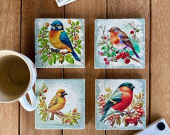 Travertine Bird Coasters, Natural Stone Drink Coasters, Set of 4