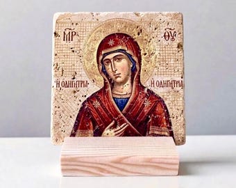 Natural Travertine Stone Virgin Mary Icon Tabletop Art Byzantine Christian Orthodox Religious Decor Gift