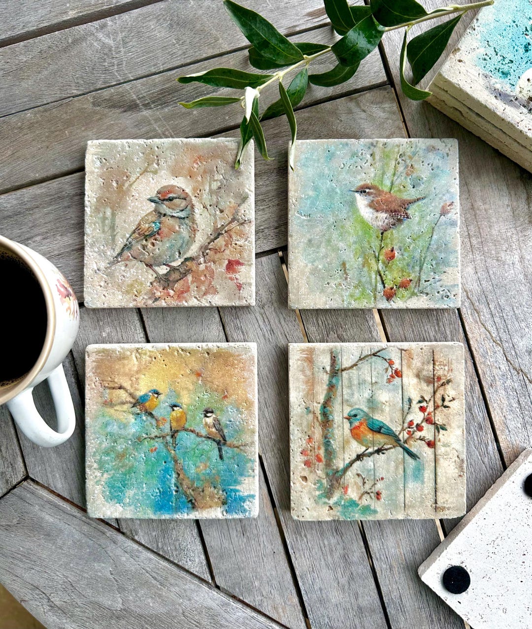 Set of 4 Bird Song Travertine Coasters, Rustic Natural Stone Drink Mat ...