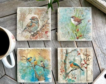 Bird Travertine Coasters, Set of 4, Rustic Farmhouse Decor